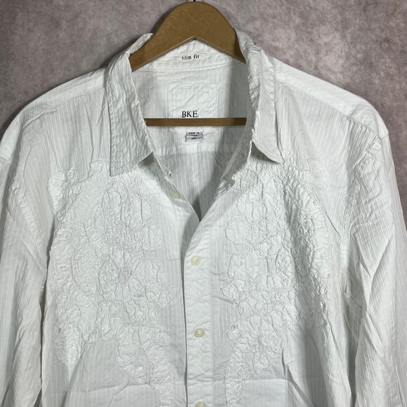 BKE Shirt Mens Size XXL White Long Sleeves Button Up Slim Fit Embroidered Casual - Picture 2 of 10